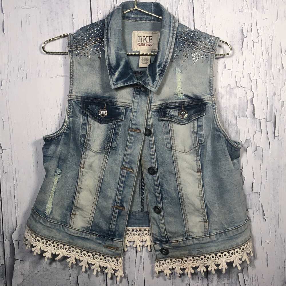 BKE Outerwear Embellished Denim Jean Vest M  NWOT